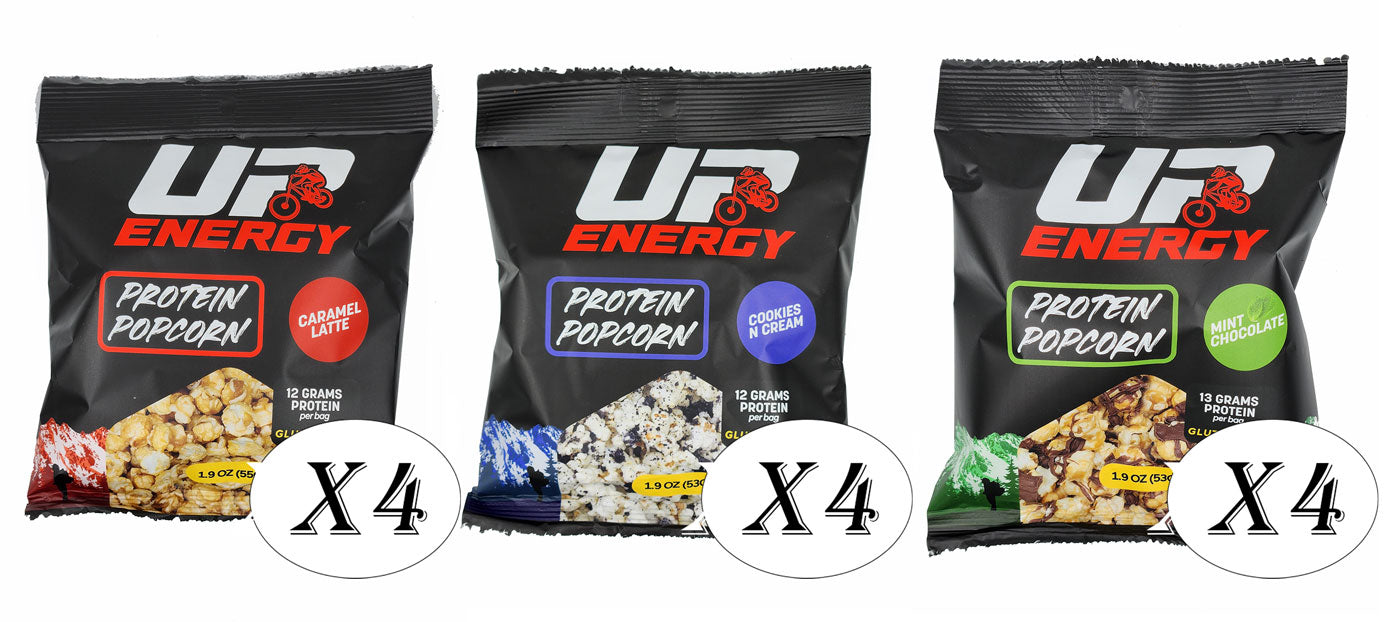 3- Up Energy Protein Popcorn 12 Pack - 1.9OZ Cookies n Cream, Caramel Latte, Mint Chocolate